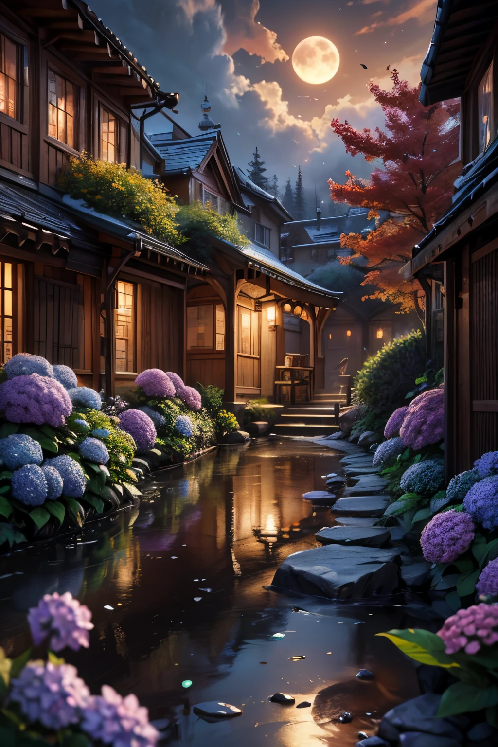 masterpiece, 最high quality, high quality, Very detailed CG 8k wallpaper unit, scenery, Outdoor, set up, Medieval Tavern, autumnの空, autumnの夕暮れ, autumn、winter, Cloudy, The big moon shines, Award-winning photography, Depth of written boundary, High resolution, Flowers, squirt, Hydrangea, Realistic, Very detailed, Complex, High detail, dramatic, Art on the go,  Art Station Trends, CGsociety Trends, chromatic aberration.