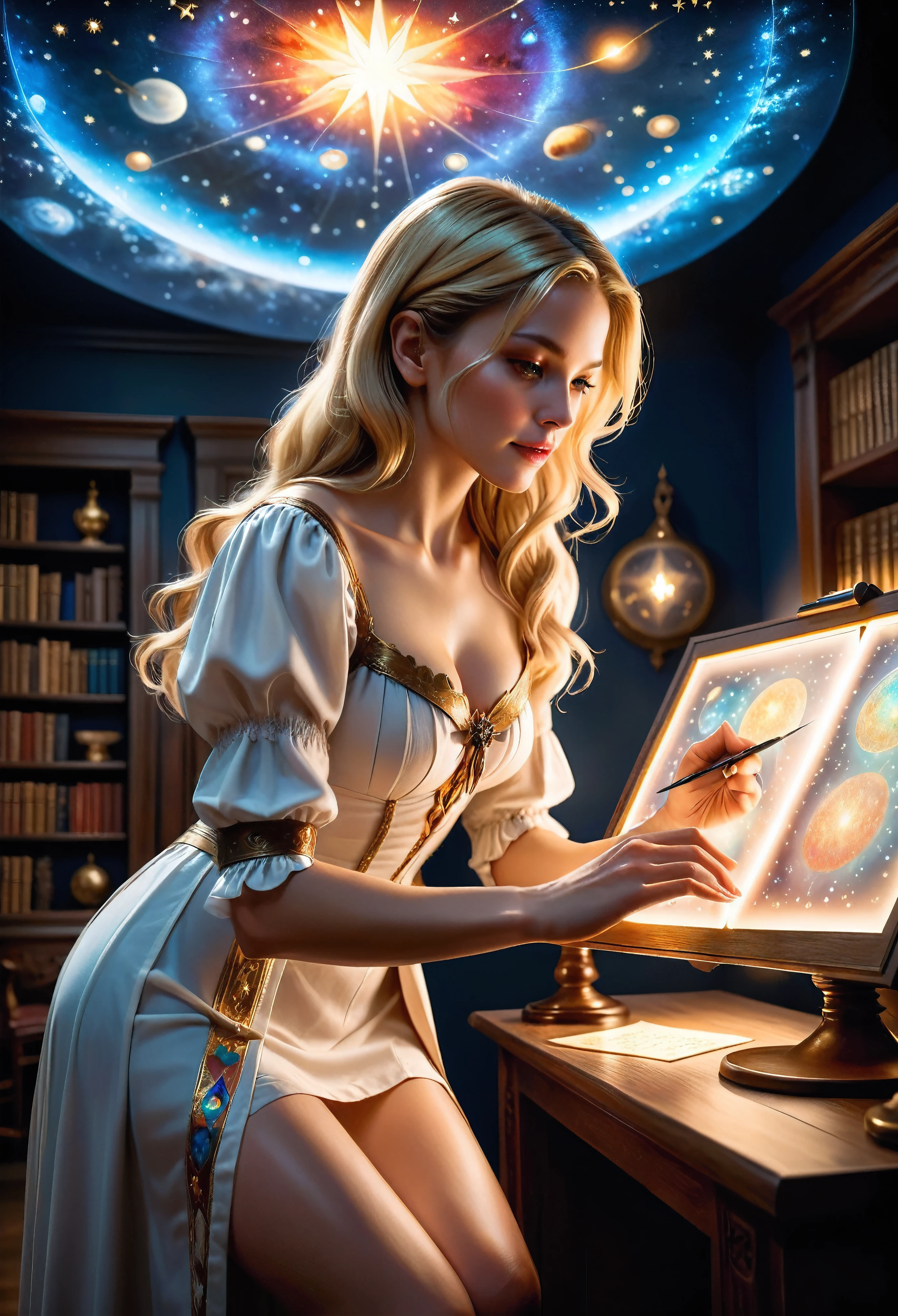 a pretty blonde astrologer charting a sky in her study room, large star map, cabinet of books, fantasy atmosphere, dramatic lighting, intricate details, cinematic composition, vibrant colors, ethereal, mystical, cosmic, astrology, renaissance style, oil painting, masterpiece, best quality, 16k, hyperrealistic, ultra-detailed | (visual experience),(Realism), (Realistic),award-winning graphics, dark shot, film grain, extremely detailed, Digital Art, rtx, Unreal Engine, scene concept anti glare effect, All captured with sharp focus. | Rendered in ultra-high definition with UHD and retina quality, this masterpiece ensures anatomical correctness and textured skin with super detail. With a focus on high quality and accuracy, this award-winning portrayal captures every nuance in stunning 16k resolution, immersing viewers in its lifelike depiction. | ((anatomical correctness))), (((perfect_fingers))), (((perfect_legs))), (((perfect_hands))), ((perfect_composition, perfect_design, perfect_layout, perfect_detail, ultra_detailed)), ((enhance_all, fix_everything)), More Detail, Enhance.
