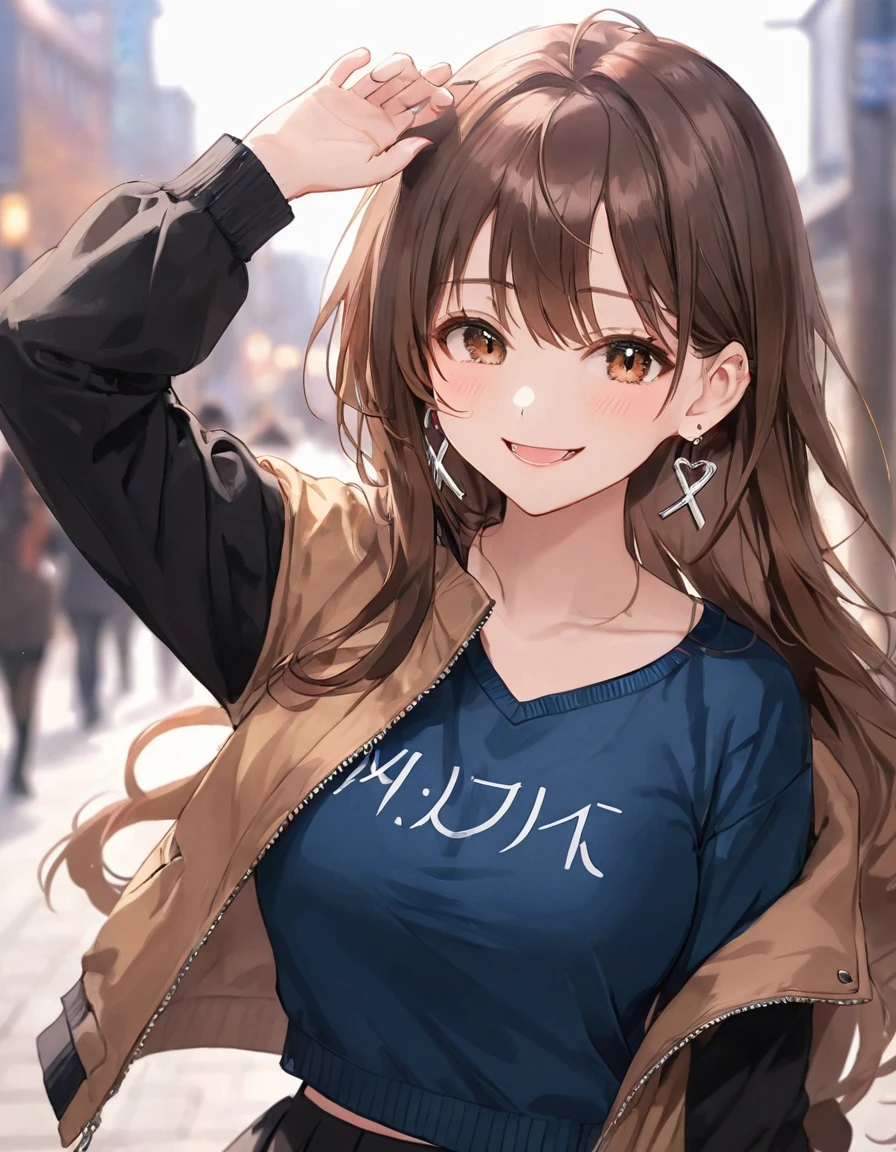 One Girl, Ahoge, bangs, black skirt, black sweater, Blue Claws, Blurred, Blurred background, chest, Brown eyes, Brown Hair, brown Jacket, Mouth closed, Day included, Day, Written boundary depth, Earrings, eyelash, Please raise your hand, Tilt your head, Jacket, jewelry, Long Hair, Long sleeve, Show Viewer, medium chest, Manicure, Open clothes, open Jacket, Outdoor, Pursing your lips, tuck your shirt in, Side Lock, skirt, Sleeves are longer than the wrist, alone, sweater, Upper Body, zipper, smile, ((masterpiece)), 