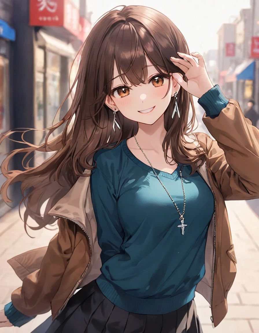 One Girl, Ahoge, bangs, black skirt, black sweater, Blue Claws, Blurred, Blurred background, chest, Brown eyes, Brown Hair, brown Jacket, Mouth closed, Day included, Day, Written boundary depth, Earrings, eyelash, Please raise your hand, Tilt your head, Jacket, jewelry, Long Hair, Long sleeve, Show Viewer, medium chest, Manicure, Open clothes, open Jacket, Outdoor, Pursing your lips, tuck your shirt in, Side Lock, skirt, Sleeves are longer than the wrist, alone, sweater, Upper Body, zipper, smile, ((masterpiece)), 