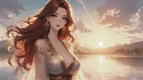 uhd, textured skin, high detail, anatomically correct, solo, 1 female, xian mei, unique golden eyes, long red curly hair, jewelr...