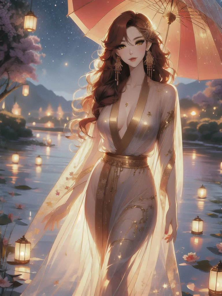 UHD, textured skin, high detail, anatomically correct, SOLO, 1 female, Xian mei, unique golden eyes, long red curly hair, jewelry, round, big breasts, perfect anatomy, walking by the lake, clear water nude, nude, sexy, hot , stars at night, shooting stars, wonderful sky, dear night sky,
