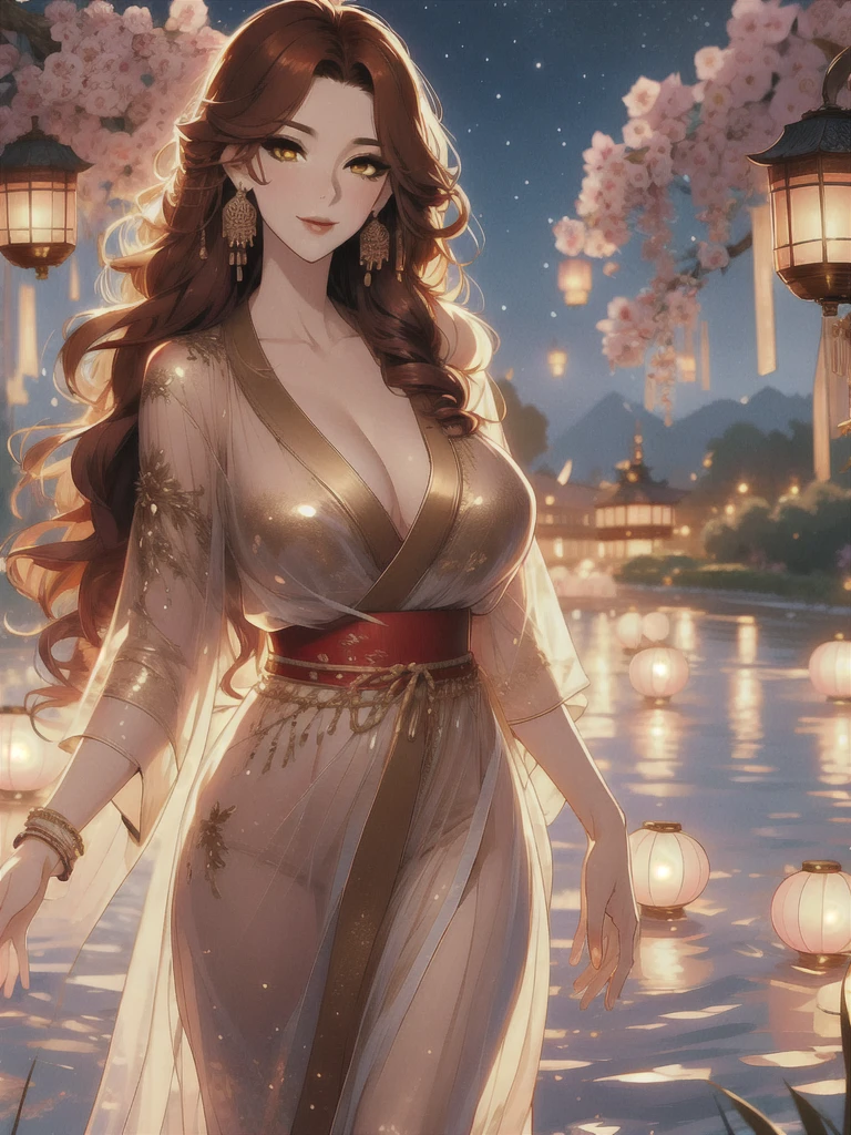UHD, textured skin, high detail, anatomically correct, SOLO, 1 female, Xian mei, unique golden eyes, long red curly hair, jewelry, round, big breasts, perfect anatomy, walking by the lake, clear water nude, nude, sexy, hot , stars at night, shooting stars, wonderful sky, dear night sky,
