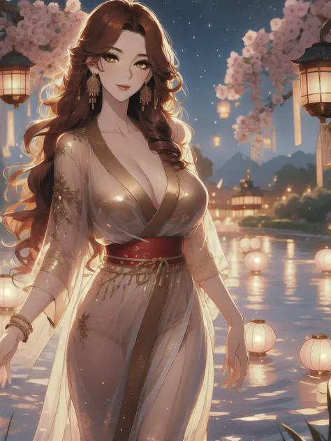 UHD, textured skin, high detail, anatomically correct, SOLO, 1 female, Xian mei, unique golden eyes, long red curly hair, jewelr...