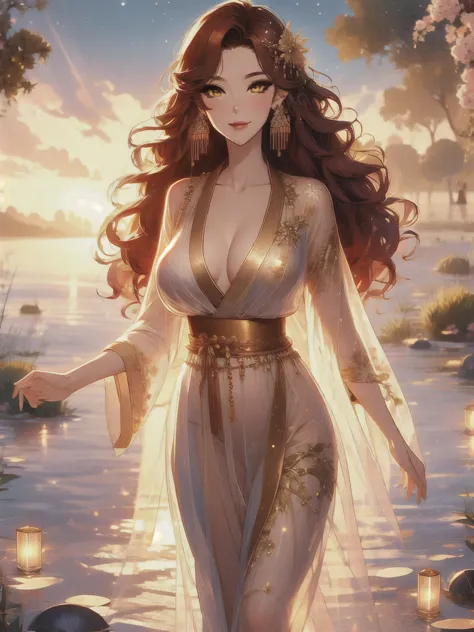 UHD, textured skin, high detail, anatomically correct, SOLO, 1 female, Xian mei, unique golden eyes, long red curly hair, jewelr...