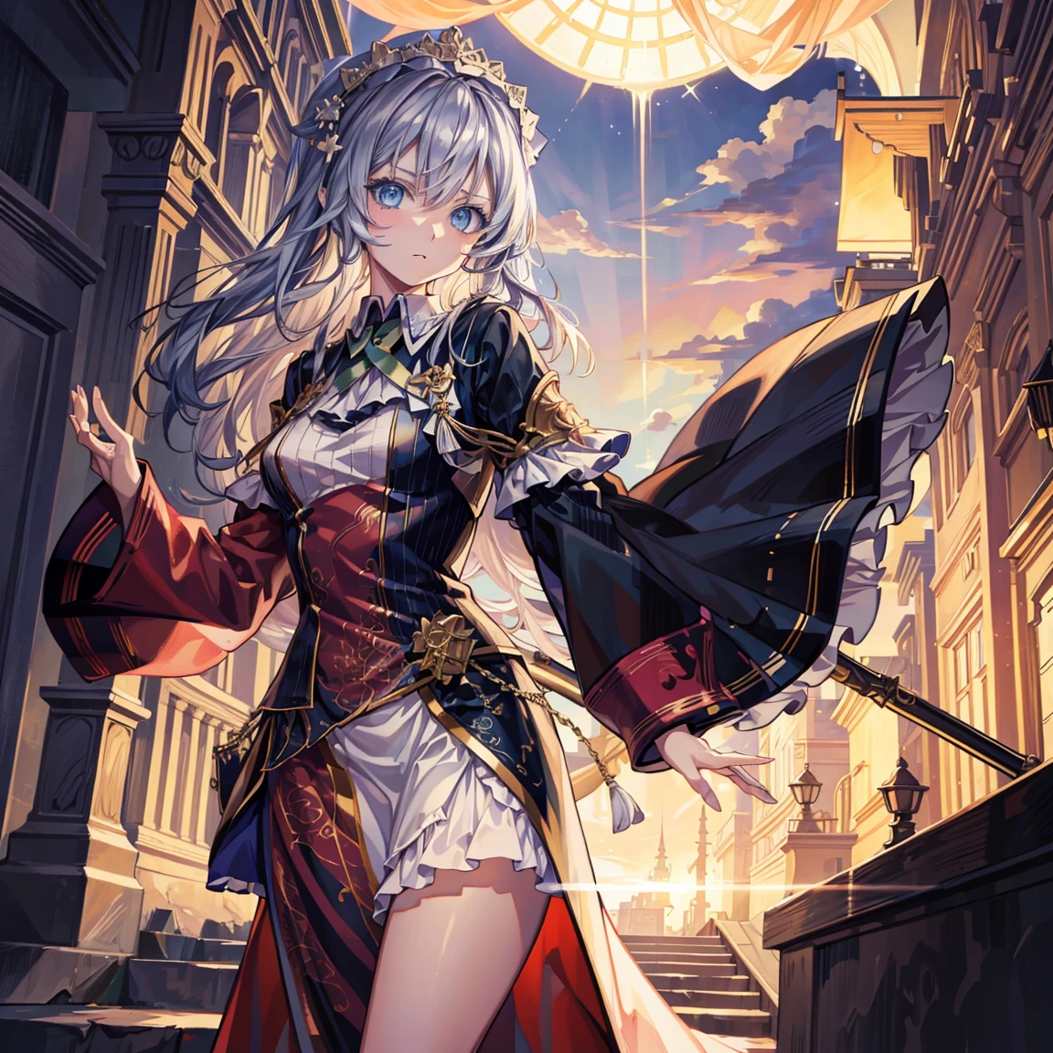 Official Art, European Masterpiece Women&#39;s Clothing,, light silver hair , Dark blue glasses、best quality、high resolution: 1.4),8K, Anime Art Nouveau, Highly detailed fan art, Anime fantasy illustration, clean Detailed anime art, Detailed anime art, A person&#39;s clear focus,, Practical, Very detailed, Garden,((Beautifully, Cute little hands)),((Elegant Shiny Dress)),((Lots of decorations)),((Lots of ribbons)), The skirt is long, Sexy pose, Take something， Sleeveless, Delicate face, Delicate eyes, Fresh blue eyes, Big green ribbon, Blue clothing, Small to medium breasts，A painting of a girl with a cat riding on her back, thick Line Art, Clear anime silhouette, Line Drawing，Line Art，Starry Sky中的少女，moon，Girl smiling at camera，Starry Sky，Looking up，pajamas，doll，nebula，flash，sideways，Space and Time，Flowing long hair，Clouds，Horizontal Insert，Look up，Stars in hand，A river keeps flowing，Colorful story，vibrant light，Complex design，Oil painting of ribbon fluttering in the wind，Stars Flying，Supreme atmosphere，sideways坐下，Sitting