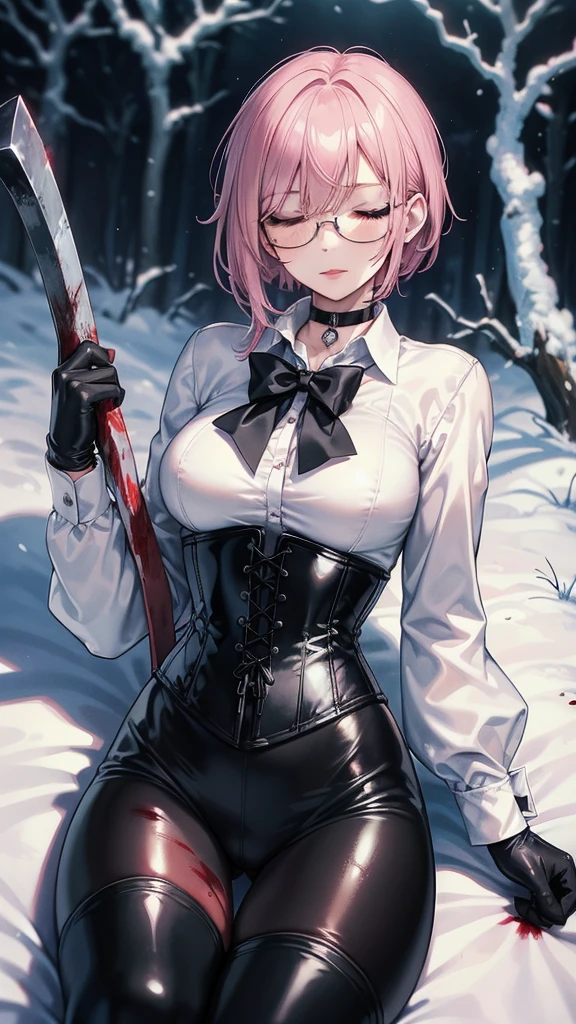 ((blood droplets)), ((blood)), ((blood splatter)), ((blood on clothes)), ((blood stain)), Masterpiece, Beautiful art, professional artist, 8k, art style by sciamano240, Very detailed face, Detailed clothing, detailed fabric, 1 girl, View from above, lying completely on the ground, perfectly drawn body, dead expression, lifeless, pale skin, beautiful face, short ponytail hair, Closed eyes, pink cheeks, glasses, choker:1.6, (white collar button down long sleeve shirt), black gloves, gloves that cover hands, (holding an ax in his right hand), (black leather corset), (shiny black leggings), Sensual Lips , evening de invierno, Dark road, Snowy forest, evening, Atmosphere, snow