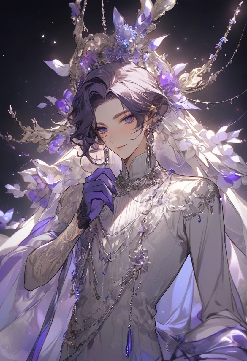 Feminine boy, soft womanish facial features, smile, squinted siren dark blue eyes without glare, silver and dark purple long loose hair with straight bang, fantasy black fit clothes with blue and purple elements, long black gloves, model, gorgeous, elegant, lots of silver jewelry, flowers in his hair, skinny body