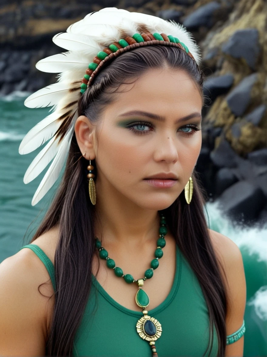 ((director), (great quality), (realistic), (full portrait), (half frame), solo, detailed background, detailed face, (stonepunk, stone theme: 1.1), wise, (woman), (Native American), (beautiful hair, pigtails:0.2), shaman, nasal septum piercing, mystical, (gorgeous face), stunning, head thrown back, (eyes open, serene expression), calm, meditating, sea-green clothing, rosary beads, tribal jewelry, feathers in hair, headdress: 0.33, jade, obsidian, detailed clothing, neckline, realistic skin texture (floating particles, whirlpool, embers, ritual, vortex, wind: 1.2), clear focus, volumetric lighting, good glare, good shading, subsurface scattering, complex, with high detail, (cinematic), dramatic, (highest quality, award-winning, masterpiece: 1.5), (photorealistic: 1.5), (complex symmetrical war coloring: 0.5),, photorealism, in HD, hyperrealism,