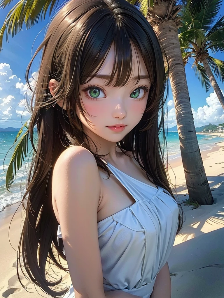 masterpiece, rich colors, Best quality, detailed, high resolution, Hyper quality, high detail, , high quality, detailing, skinny sexy girl on the beach , bright lighting , green eyes, Anime, palm trees, bright lighting,