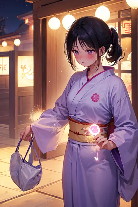 pantiesを見せる、panties、random pose、、summer festival、night sky、nsfw、yukata、black hair、short ponytail、pale purple eyes、summer festiva...