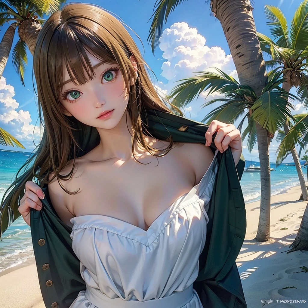 masterpiece, Rich colors, 最high quality, detailed, High resolution, 超high quality, High detail, , high quality, detailed, Skinny sexy girl on the beach , Bright lighting , Green Eyes, anime, Palm tree, Bright lighting,