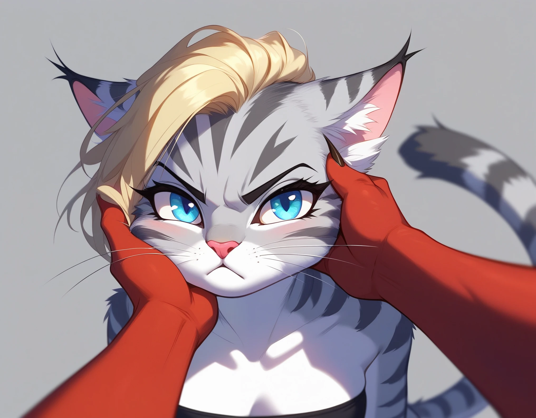 , score_9,score_8_up,score_7_up, source_furry, kat, Anthro furry feline, cute female, tall slender body, long blonde hair, long undercut hair, pink nose, :3, blue eyes, white whiskers, silver fur, grey stripes, furry body, pouting, grumpy, wearing black bandeau, BREAK, pov, pov viewer is holding her cheeks, viewer is a female red reptile, red reptile hands, simple grey background 