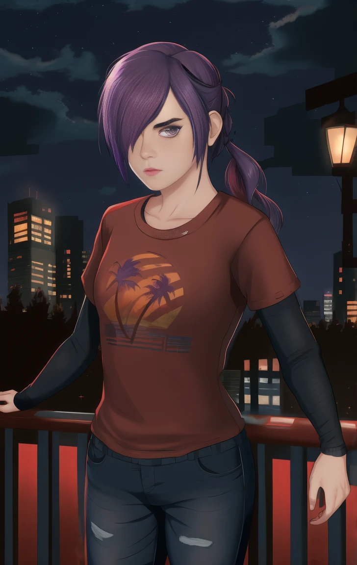 Camiseta vermelha, mangas compridas, de pé, cabelo sobre um olho, luzes de neon, noite, Olhando para o visualizador, jeans azul, Sozinho, Sherz, Cabelo roxo, olhos roxos, elliet1