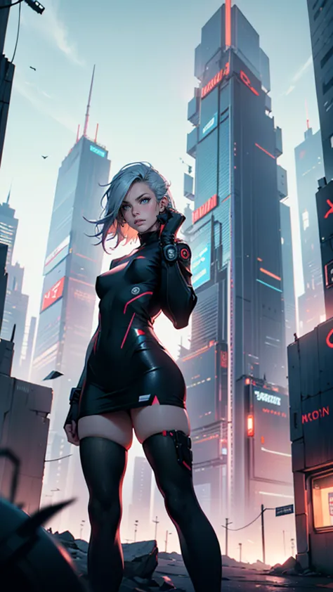 high qualiy, awardwinning, high resolution, 8k, 28 year old woman looking at the background, cyberpunk fantasy city, mysterious ...