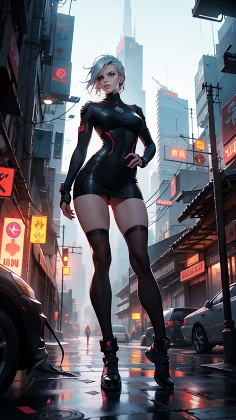 high qualiy, awardwinning, high resolution, 8k, 28 year old woman looking at the background, cyberpunk fantasy city, mysterious ...