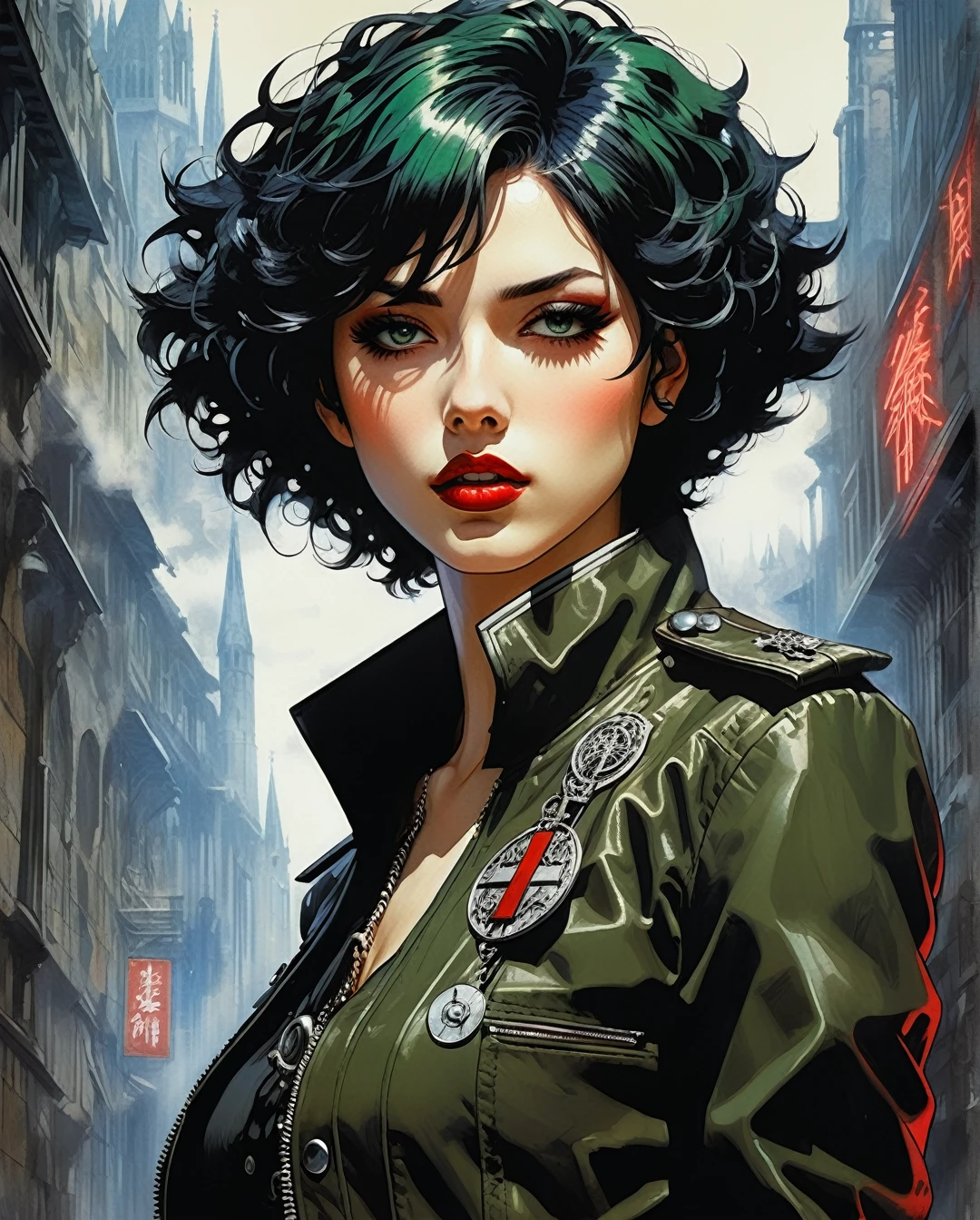 a full-body, high-resolution anime style of a rebellious teenage female goth with short curly black hair, thin face, intense red lips, gothic fashion, inspired by the works of Yoshiaki Kawajiri, vibrant and edgy, with dramatic lighting and dynamic composition, BREAK, Art style by Yoshiaki Kawajiri and Tsukasa Hojo and Toshihiro Kawamoto - -intricately detailed face - -80s and 90s anime still - -1980s retro anime - -1980s and 1990s anime retro nostalgia -highly detailed profile BREAK, ARISTYLE4, Soft Pastel -depth of field, Cinematic Angles, Dynamic angles, (((masterpiece))), perfect face, ((full body shot)),., cyberpunk, synthwave, 1980s, futurism, brutalism, neuromancer, cinematic photo in Hogwarts, art by Masamune Shirow, art by J.C. Leyendecker,detailed hair, short hair, green hair