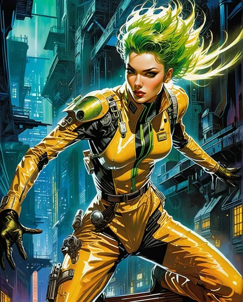 in a neon-lit cyberpunk space setting, a figure emerges clad in a sleek yellow jumpsuit, designed with a distinct art style remi...