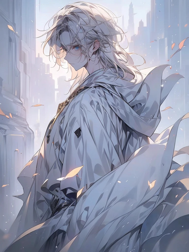 ((8k, masterpiece, high quality)) magazine cover, 1boy, young male, beautiful boy, solo, blonde hair, light yellow hair, silver blond hair, dark hair tips, shoulder length hair, messy hair, blue eyes, expressive eyes, sad expression, white skin, blue eyes, gray clothing, wearing white hooded cloak, standing still, wrist and ankle shackles, gray room, monotone room, front view, highly detailed, digital photography, artistic gem, Greg Rutkowski's Paintings of Golden Butterflies, manga style, manhwa style