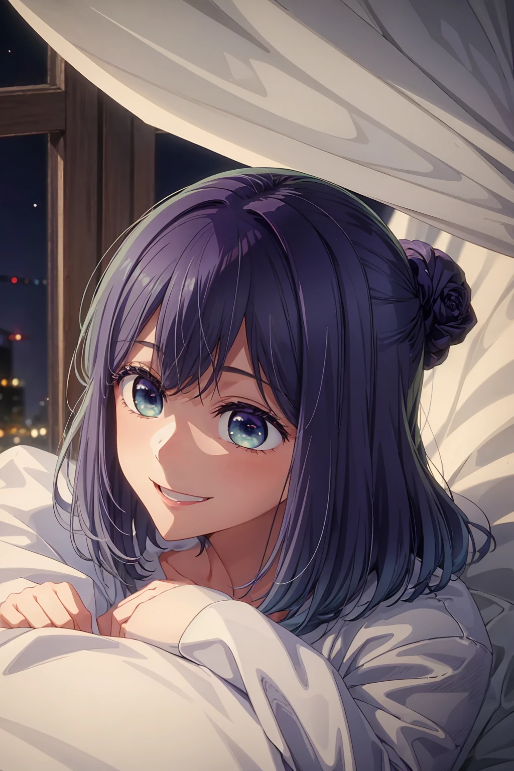 best quality, masterpiece, 1 girl, alone, detailed eyes, very big smile, pajamas, under the sheets, covered by blankets, background under the sheets, night lights