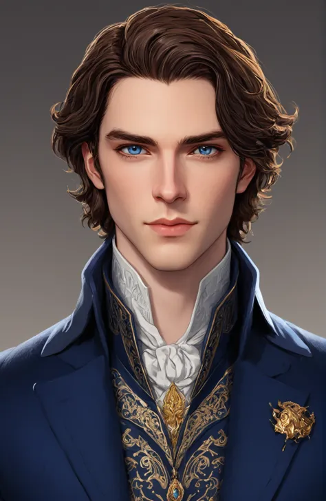 a close up of a person in a suit blue suit with golden details (pale skin dark brown hair and grey eyes), delicate androgynous p...