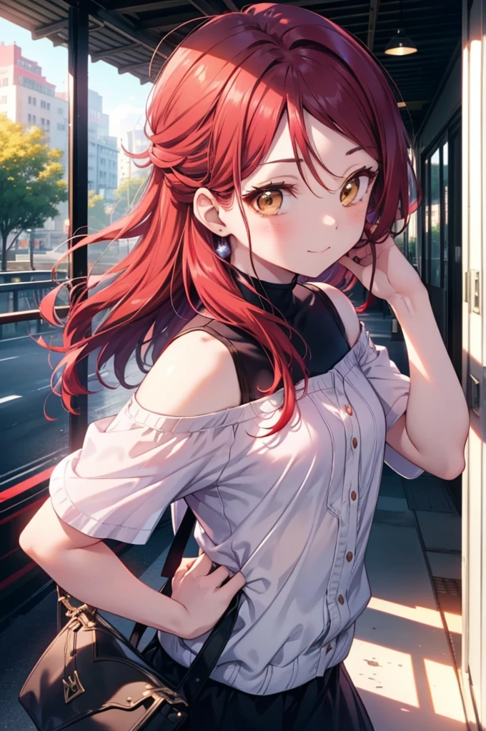 rikosakurauchi, Riko Sakurauchi, (Brown eyes:1.5), Hair between the eyes, Long Hair, (Redhead:1.5), (Small breasts:1.2), smile,Cold Shoulder Shirt,Short sleeve,Long skirt,Black pantyhose,Stiletto heels,The sun is rising,morning,morning陽,Walking,So that the whole body goes into the illustration,
break looking at viewer, 全身
break outdoors, Building district,
break (masterpiece:1.2), Highest quality, High resolution, unity 8k wallpaper, (figure:0.8), (Beautiful attention to detail:1.6), Highly detailed face, Perfect lighting, Highly detailed CG, (Perfect hands, Perfect Anatomy),