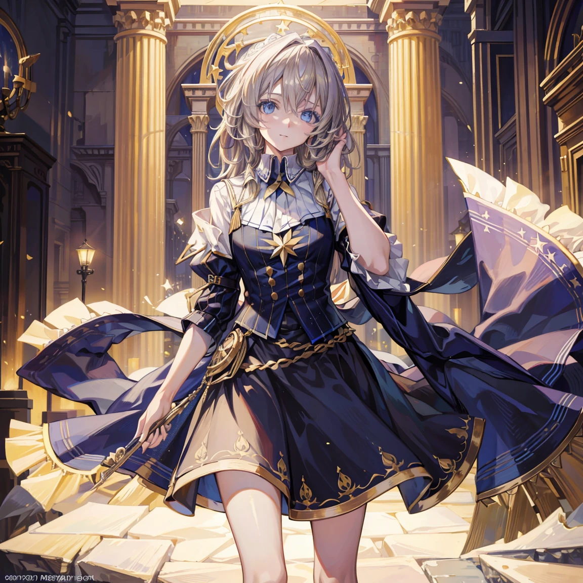 Official Art, European Masterpiece Women&#39;s Clothing,, light blonde , Dark blue glasses、best quality、high resolution: Starry Sky中的少女，moon，Girl smiling at camera，Starry Sky，Looking up，pajamas，doll，nebula，flash，sideways，Space and Time，Flowing long hair，Clouds，Horizontal Insert，Look up，Stars in hand，A river keeps flowing，Colorful story，vibrant light，Complex design，Oil painting of ribbon fluttering in the wind，Stars Flying，Supreme atmosphere，sideways坐下，Sitting