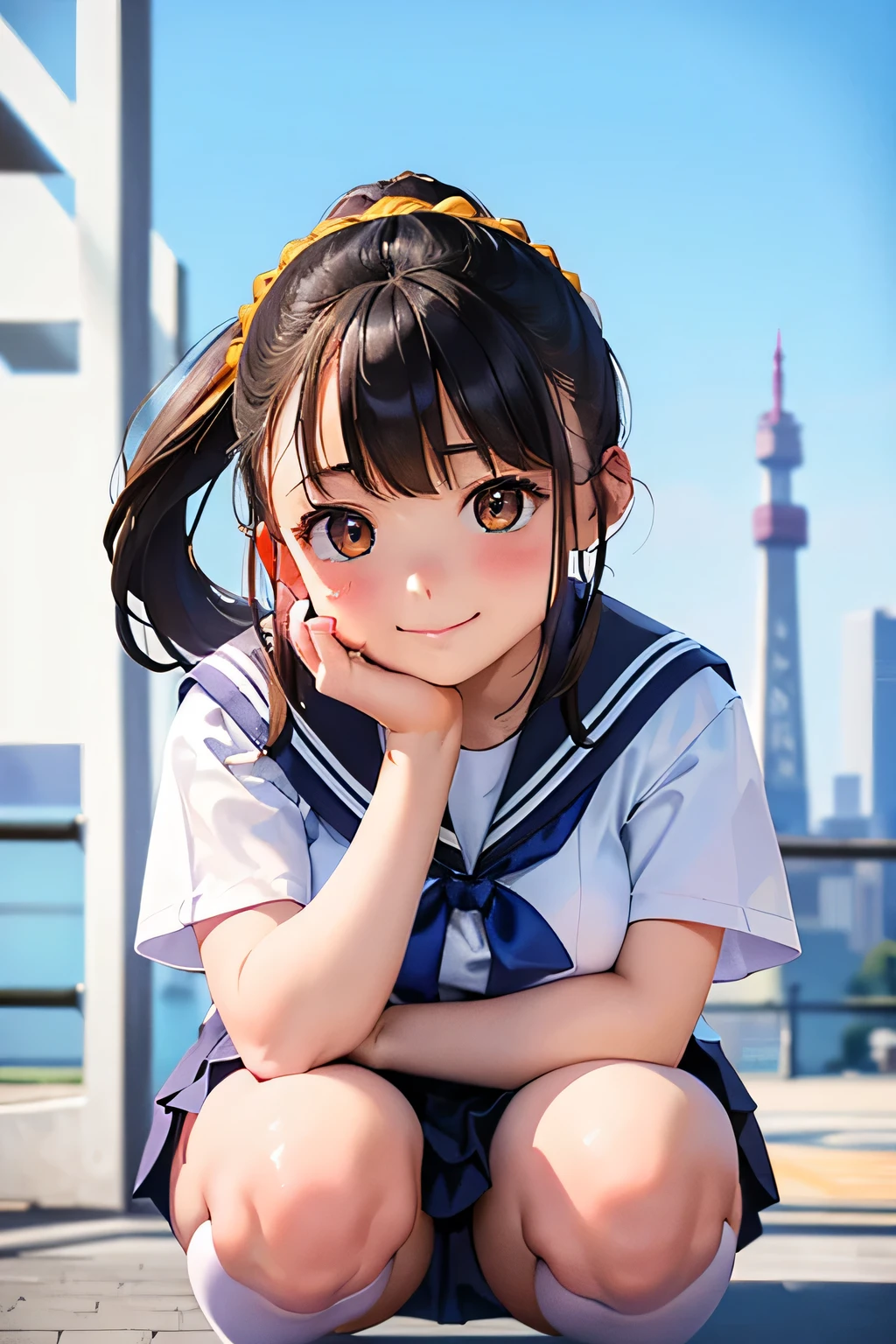 Highest quality、High resolution、Detailed Background、(Beautiful face in every detail:1.4)、Detailed facial expressions、Anatomically correct、Teenage beauty、(Huge breasts:1.2)、cute hair color、Braided Bob、Braided Ponytail、cute hairstyle、Perfect body line、Attractive thighs、Cute gestures、Tokyo Sky Tree、A big smile、smile、cute、
White Sailor Suit、White sailor collar、Pleated mini skirt、White Stockings、
squat down、I can see my underwear when I squat down、Panty shot、
(A girl squatting playfully with a landmark in the background:1.5)