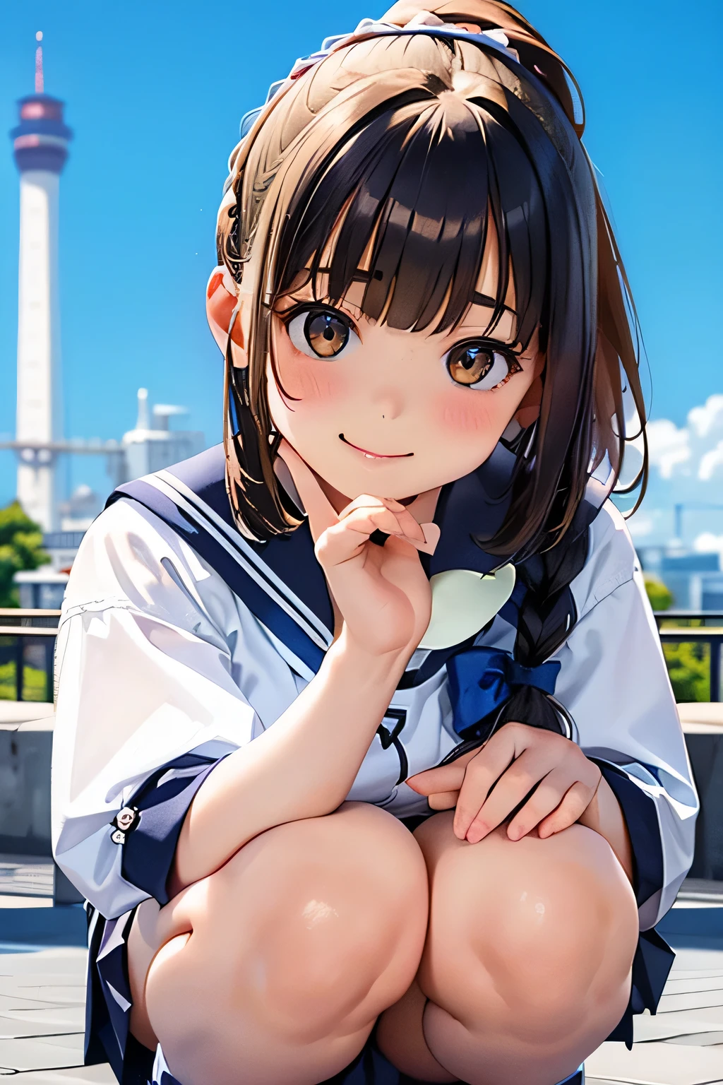 Highest quality、High resolution、Detailed Background、(Beautiful face in every detail:1.4)、Detailed facial expressions、Anatomically correct、Teenage beauty、(Huge breasts:1.2)、cute hair color、Braided Bob、Braided Ponytail、cute hairstyle、Perfect body line、Attractive thighs、Cute gestures、Tokyo Sky Tree、A big smile、smile、cute、
White Sailor Suit、White sailor collar、Pleated mini skirt、White Stockings、
squat down、I can see my underwear when I squat down、Panty shot、
(A girl squatting playfully with a landmark in the background:1.5)