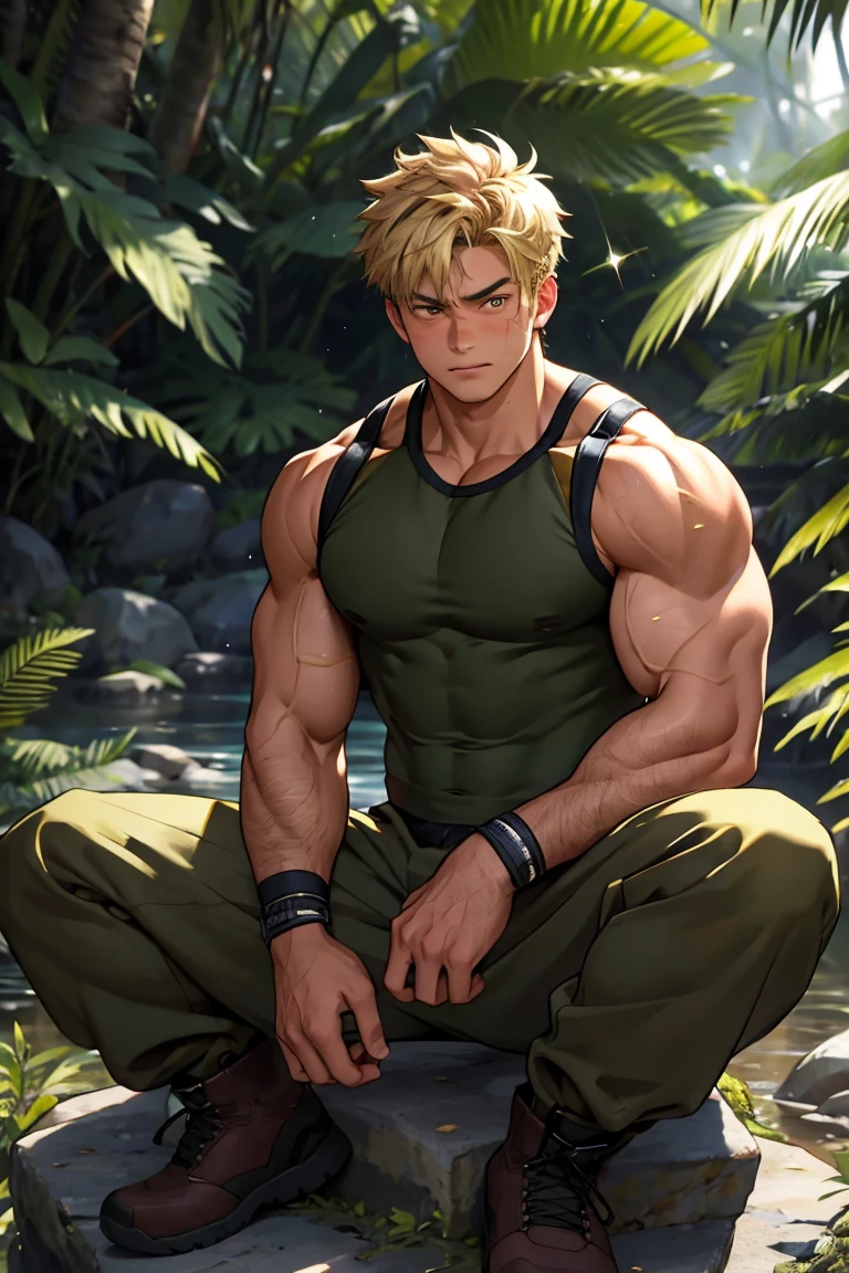 (masterpiece, Best quality 12 year old boy，Shota), 1 boy, adult, huge muscles, big body, Slightly modify the abdominal contour, Short blonde hair，brown eyes, complicated, Rainforest, Muscles sparkle in the sun，shirtless，Wearing khaki adventure pants，outdoor adventure boots,pained expression，bite lip， bright colors,(depth of field:1.2),looking at the audience, sit on stone, huge hyper muscle