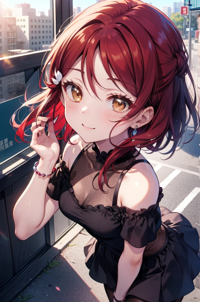 rikosakurauchi, Riko Sakurauchi, (Brown eyes:1.5), Hair between the eyes, Long Hair, (Redhead:1.5), (Small breasts:1.2), smile,Cold Shoulder Shirt,Short sleeve,Long skirt,Black pantyhose,Stiletto heels,The sun is rising,morning,morning陽,Walking,So that the whole body goes into the illustration,
break looking at viewer, 全身
break outdoors, Building district,
break (masterpiece:1.2), Highest quality, High resolution, unity 8k wallpaper, (figure:0.8), (Beautiful attention to detail:1.6), Highly detailed face, Perfect lighting, Highly detailed CG, (Perfect hands, Perfect Anatomy),