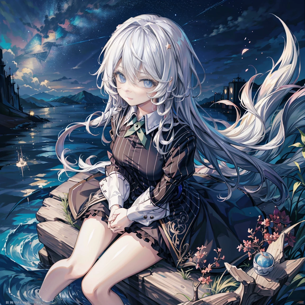 星ry Sky中的少女，月，カメラに向かって笑う女の子，星ry Sky，彩色雲，星，見上げる，パジャマ，人形，星雲，閃光，横向き，空間と時間，流れるような長い髪，雲，水平に挿入する，見上げる，手里的星，川は流れ続ける，カラフルな物語，鮮やかな光，複雑なデザイン，風になびくリボンを描いた油絵，星飞舞，最高の雰囲気，横向き坐下，座っている，明るい色の衣服，