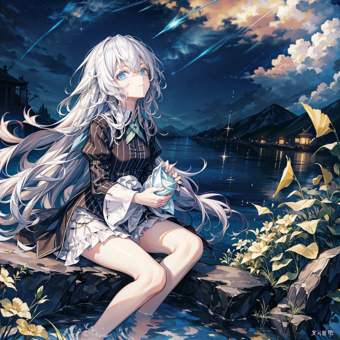 Starry Sky中的少女，moon，Girl smiling at camera，Starry Sky，彩色Clouds，Star，Looking up，pajamas，doll，nebula，flash，sideways，Space and Time，Flowing long hair，Clouds，Horizontal Insert，Look up，手里的Star，A river keeps flowing，Colorful story，vibrant light，Complex design，Oil painting of ribbon fluttering in the wind，Star飞舞，Supreme atmosphere，sideways坐下，Sitting，Light-colored clothing，