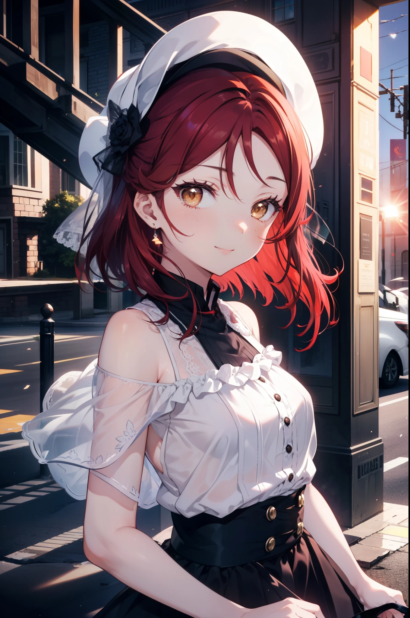 rikosakurauchi, Riko Sakurauchi, (Brown eyes:1.5), Hair between the eyes, Long Hair, (Redhead:1.5), (Small breasts:1.2), smile,Cold Shoulder Shirt,Short sleeve,Long skirt,Black pantyhose,Stiletto heels,The sun is rising,morning,morning陽,Walking,So that the whole body goes into the illustration,
break looking at viewer, 全身
break outdoors, Building district,
break (masterpiece:1.2), Highest quality, High resolution, unity 8k wallpaper, (figure:0.8), (Beautiful attention to detail:1.6), Highly detailed face, Perfect lighting, Highly detailed CG, (Perfect hands, Perfect Anatomy),