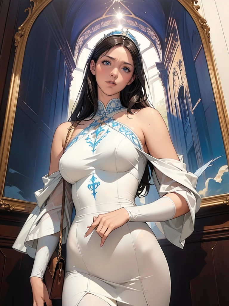 A beautiful ultra-thin Realistic portrait of the Virgin Mary, White outfit with blue details, ((Divinity)), whole body, Biblical, Realistic, Intricate details, Abbott Fuller Graves, Bartholomew Esteban Murillo, JC Leyendecker, Craig Mullins, Peter Paul Rubens, (Caravaggio), Art Station Trends, 8K, Concept Art, Fantasy art, PhotoRealistic, Realistic, shape, Oil, Surrealism, HyperRealistic, Brush Brush, Digital Art, style, watercolor, A woman takes a model photo underneath an Eiffel Tower-style tower, Detailed Tower Images, From below:1.3, Black Hair, semi-long, stylish, Shoulder bag, ((Clothes that highlight your sexy body lines)), ((Shoulder bagのベルトが胸の谷間にたすき掛けで挟まれている)), A woman&#39;s chest with her large breasts highlighted by a belt digging into her cleavage, Looking down at the viewer, Elegantly photographing a woman&#39;s lower body, ((Woman&#39;s groin to thighs, Beautifully expresses the body line of the calf)), ((Expression from directly below to make legs look long and slender))