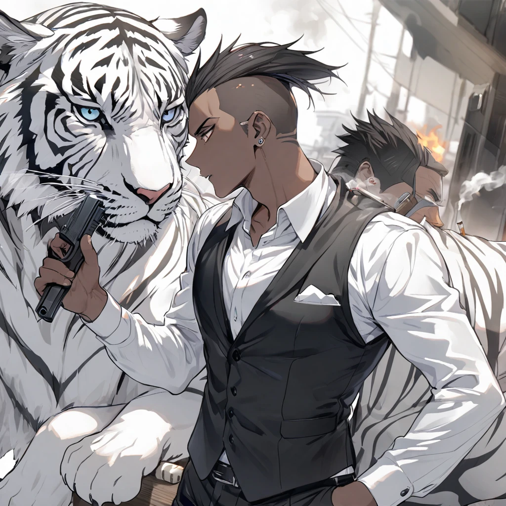 Black hair mohawk, dark skin, handgun, black suit vest, cigarettes, white tiger