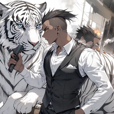 black hair mohawk, dark skin, handgun, black suit vest, cigarettes, white tiger