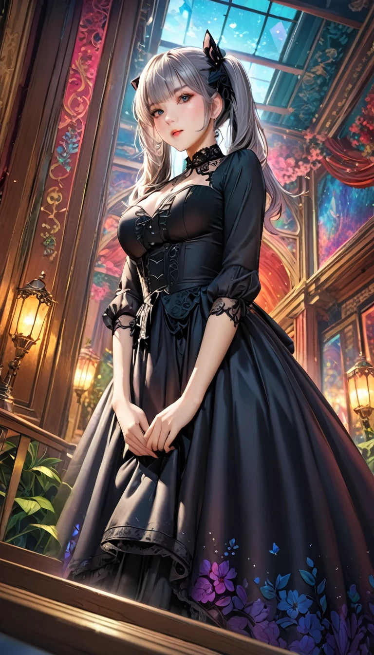 (One Girl),Gothic,Twin tails,Gray Hair, Organza Lace,Gorgeous and elaborate costumes,Gothic, Flight, green, (colorful), bold, Gradient Blend, Motion Blur, Sparkling Texture, moving composition, Atmospheric perspective, Impressionism, , (masterpiece), (Highest quality), wonderful, (Beautiful details), (In detail), Written boundary depth, Extremely detailed CG, original, Highly detailed wallpaper, (Vibrant colors), Cinema Lighting,  (colorful), blush, Full body photography, From below:1.3