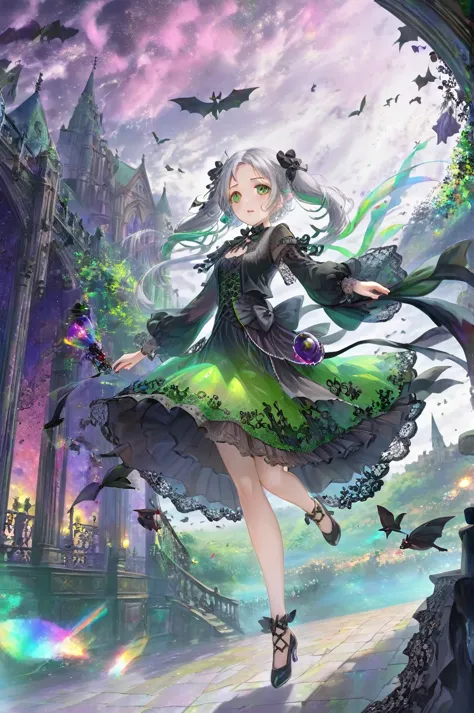 (One Girl),Gothic,Twin tails,Gray Hair, Organza Lace,Gorgeous and elaborate costumes,Gothic, Flight, green, (colorful), bold, Gr...