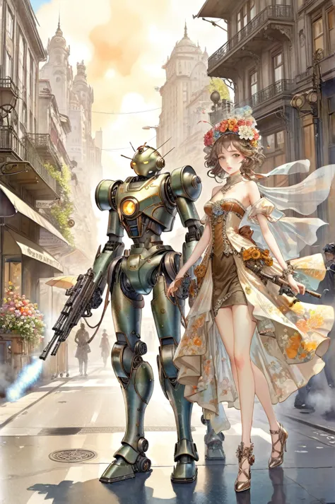 ((masterpiece)), (Highest quality), Art Nouveau watercolor ,They are two robots walking down the street with guns.., Detailed Mo...