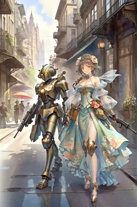 ((masterpiece)), (Highest quality), Art Nouveau watercolor ,They are two robots walking down the street with guns.., Detailed Mo...