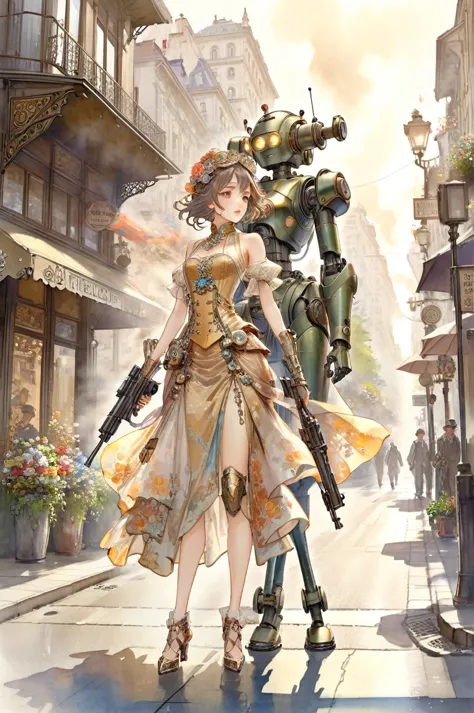 ((masterpiece)), (highest quality), art nouveau watercolor ,they are two robots walking down the street with guns.., detailed mo...