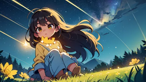 4k ultra HD night sky beautiful perfect stars, empty field of grass with delicate yellow glowing flowers, perfect lighting night...