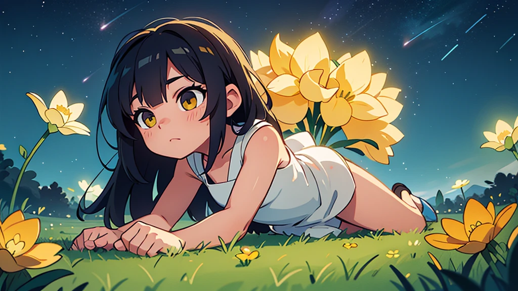 4k ultra HD night sky beautiful perfect stars, empty field of grass with delicate yellow glowing flowers, perfect lighting night, stars, constellations