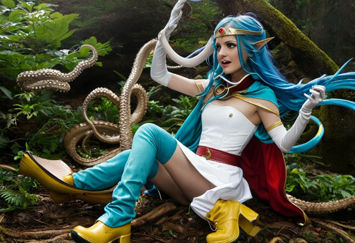 (Highest quality), (masterpiece), High resolution, All details, DQ Sage, Long Blue Hair, Red eyes, Circlet, [Aqua Cape], White Dress, Strapless, belt, Elbow hand pockets, Yellow gloves, Yellow Boots, Medium cleavage, alone, One girl, (Sitting, Put your knees on your chest), Put your arms behind your head, (Tentacle Sex, vagina, Stretching tentacles:1.15), (rape, Stretching tentacles, Suppressed:1.2), (Close one eye, Are crying, tears:1.2), Drooling, Saliva trace, Haa, blush, Sweat, (forest, Tentacle Hole), Cinema Lighting, Diffraction Spikes,