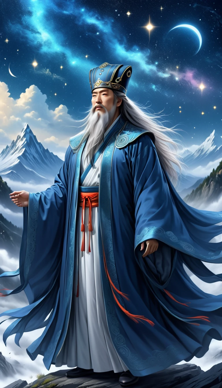 un vieux sorcier taoïste chinois sage en robe noire flottante, longue barbe blanche et sourcils, portant un chapeau traditionnel d&#39;érudit, debout sur un sommet de montagne regardant le ciel étoilé, entouré de runes et de symboles mystiques brillants, ambiance éthérée, très détaillé, Éclairage cinématographique, art numérique, art conceptuel, fantaisie