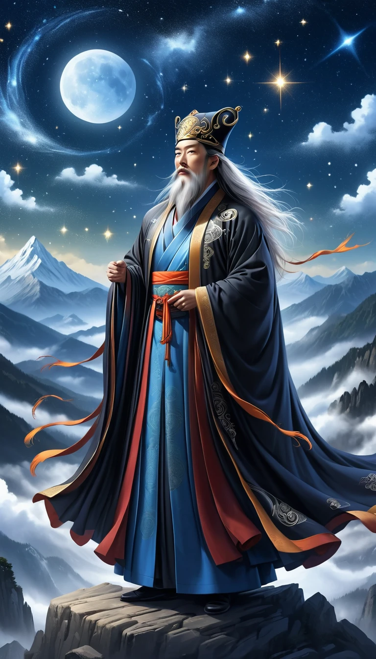 a wise old Chinese Taoist sorcerer in flowing black robe, long white beard and eyebrows, wearing a traditional scholar's hat, standing on a mountain peak gazing at the starry night sky, surrounded by glowing mystical runes and symbols, ethereal atmosphere, highly detailed, cinematic lighting, digital art, concept art, fantasy