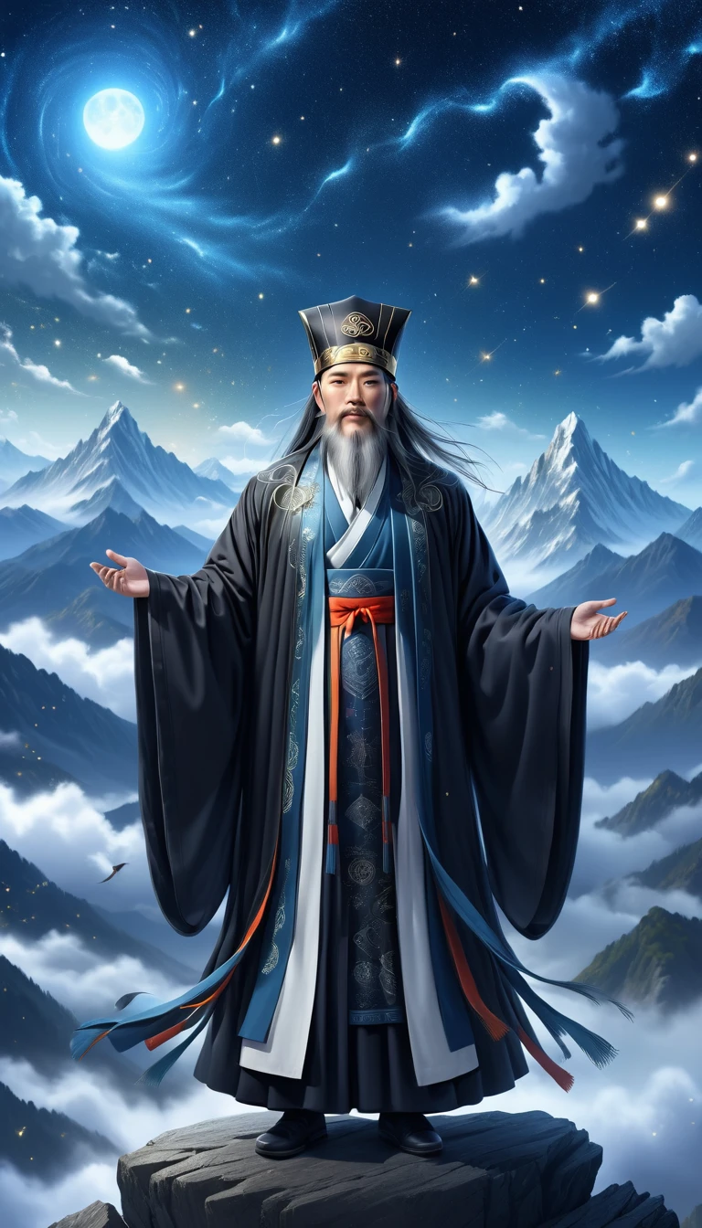 a wise old Chinese Taoist sorcerer in flowing black robe, long white beard and eyebrows, wearing a traditional scholar's hat, standing on a mountain peak gazing at the starry night sky, surrounded by glowing mystical runes and symbols, ethereal atmosphere, highly detailed, cinematic lighting, digital art, concept art, fantasy