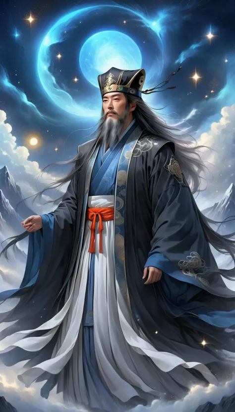 a wise old Chinese Taoist sorcerer in flowing black robe, long white beard and eyebrows, wearing a traditional scholar's hat, st...