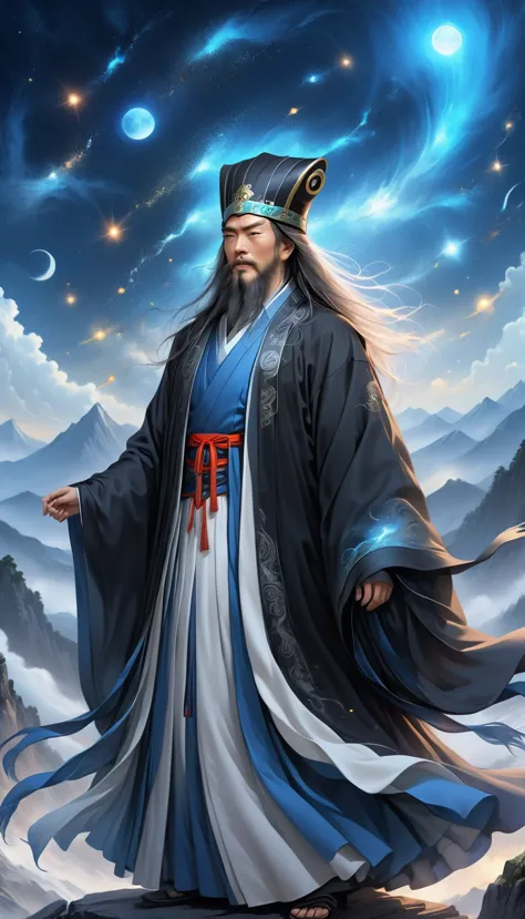 a wise old chinese taoist sorcerer in flowing black robe, long white beard and eyebrows, wearing a traditional scholar's hat, st...